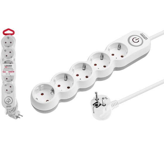 Изображение товара Удлинитель LEIDEN ELECTRIC сетевой 5 м 5 розеток 2, 2 кВт с заземлением и выключателем 805050 ЦЗ-2157563659
