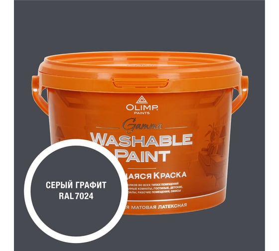 Изображение товара Краска ультрастойкая моющаяся OLIMP ГАММА для всех типов помещений графитовая 2,7л 35617
