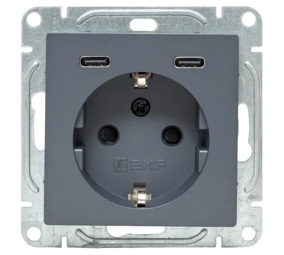 Изображение товара Механизм розетки EKF с USB-C - 2шт, 16А, с заземлением, со шторками, графит, Эпика UP1-SOG-111-2USBC