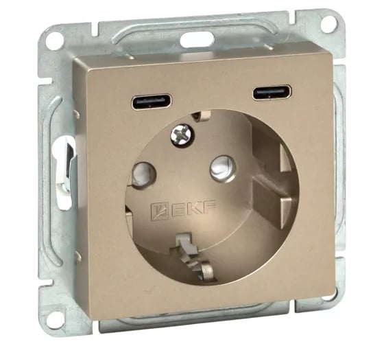 Изображение товара Механизм розетки EKF с USB-C - 2шт, 16А, с заземлением, со шторками, шампань, Эпика UP1-SOC-111-2USBC