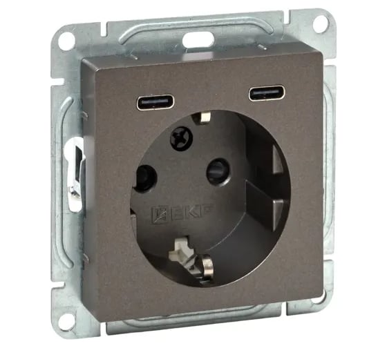 Изображение товара Механизм розетки EKF с USB-C - 2шт, 16А, с заземлением, со шторками, мокко, Эпика UP1-SOM-111-2USBC