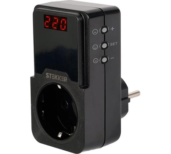 Изображение товара Реле напряжения для розетки регулируемое STEKKER VPR-200B, 230В, 16A, черный 50690