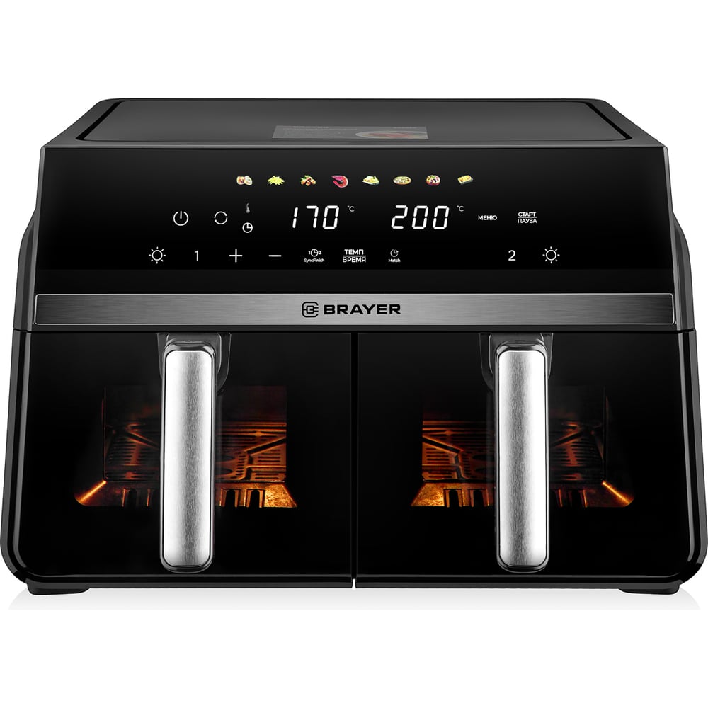 Изображение товара Аэрогриль BRAYER 2050BR 2200 Вт,10 л, 2 чаши, t. 200С, съемная решетка, LED-дисплей, 8 программ BR2050