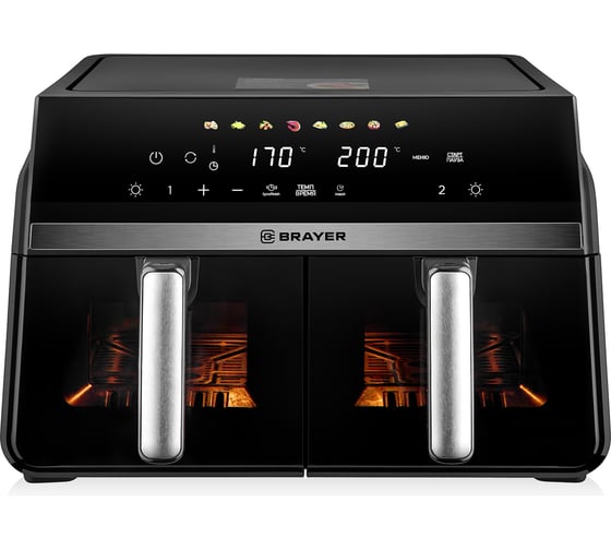 Изображение товара Аэрогриль BRAYER 2050BR, 2200 Вт, 10 л, 2 чаши, t. 200°C, съемная решетка, LED-дисплей, 8 программ BR2050
