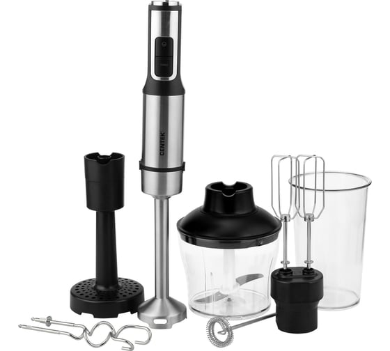 Изображение товара Блендер Centek (черный/сталь) 1500 Вт, 15 скоростей, чоппер, стакан, венчик, крюк, капучинатор, пюре CT-1312
