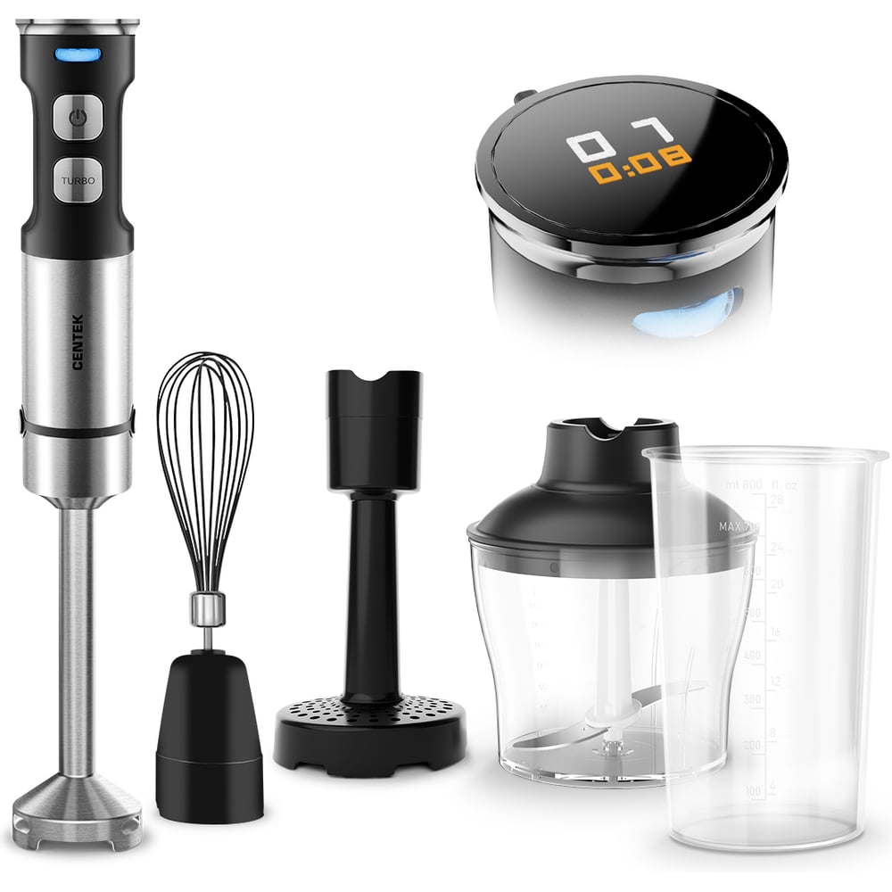 Изображение товара Блендер Centek (сталь) 1500Вт, 5в1, блендер/венчик/чоппер, ДИСПЛЕЙ 650мл+мерный стакан 800мл CT-1366