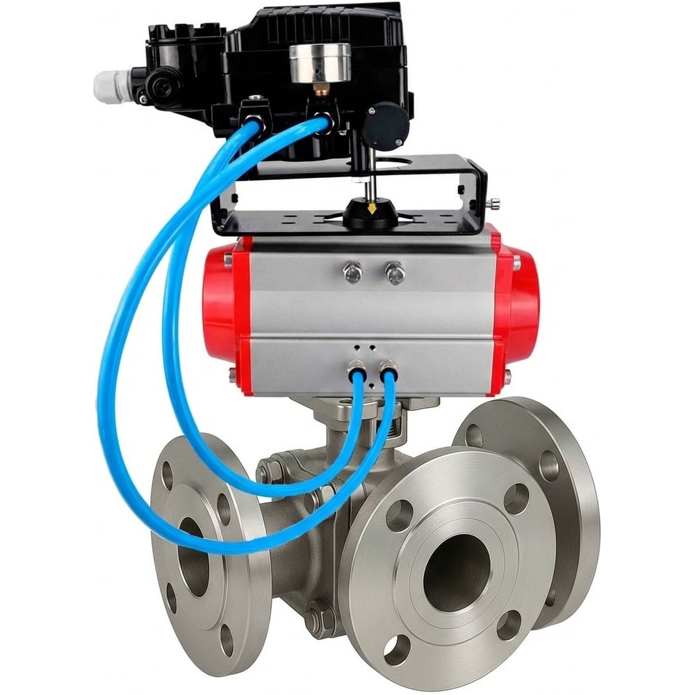 Изображение товара Кран шаровой DN.ru 316-316-PTFE-FP-3L-F-ISO-H Ду20 Ру16 HYMT с пневмоприводом