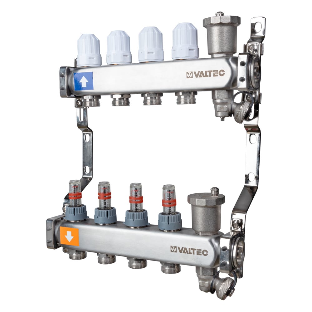 Изображение товара Коллекторный блок Valtec из нержавеющей стали с регулирующими клапанами и расходомерами, 1х4 вых. Евроконус 3/4 VTc.579.EMNX.0604