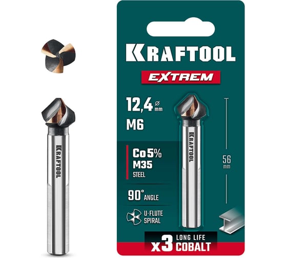 Изображение товара Конусный зенкер KRAFTOOL Extrem Со5-А 12.4 х 56 мм, сталь M35, U-образная спираль, для раззенковки М6 29734-6