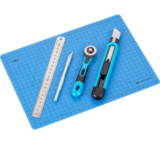 Изображение товара Набор для вырезания Topfort A4, нож макет, нож 9 мм, нож роликовый 18мм, линейка 2175523
