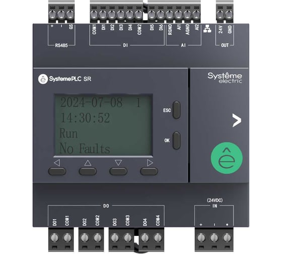 Изображение товара Интеллектуальное реле Systeme Electric SystemePLC SR2, 24 VDC, дисплей, 12 IO: 6 DI, 4 DO (реле), 2 AI, 1xRS485, 1xRJ45 ZR2PP11BD2A