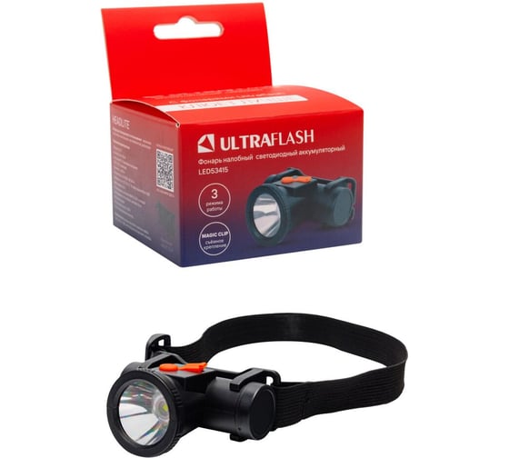 Изображение товара LED53415 (фонарь налоб.аккум 3,7В,,черный, LED XPE, 1 Ватт, 3 реж., Micro-USB, бокс) Ultraflash 15768