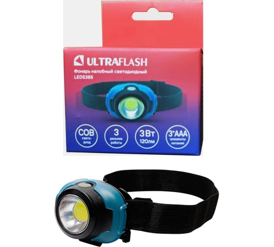 Изображение товара LED5385 (фонарь налобн, маренго, 3Вт COB LED, 3 реж, 3XAAA, пласт, бокс) Ultraflash 15690