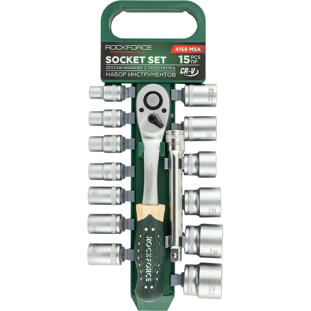 Изображение товара Набор инструментов Rockforce головки с ключом трещоточным и удлинителем 150мм, набор 15 предметов, 1/2 (6гр.) RF-4159 MSA(64137)