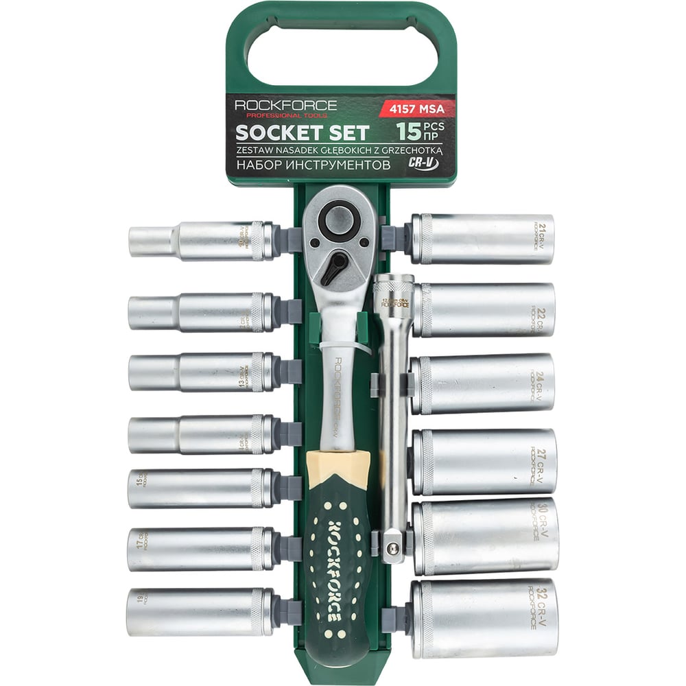 Изображение товара Набор инструментов, головки с ключом трещоточным и удлинителем Rockforce 150мм, набор 15 предметов, 1/2, 6граней RF-4157 MSA(64136)