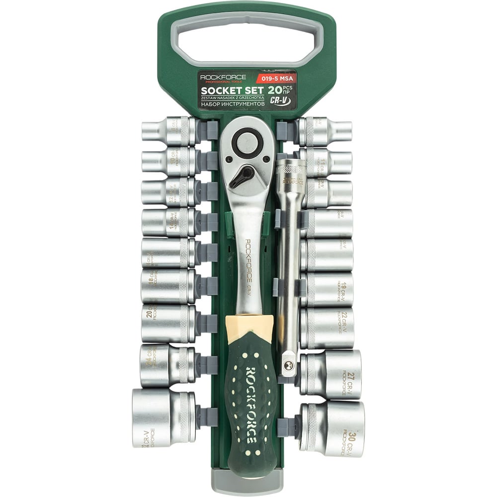 Изображение товара Набор головок с трещоткой в пласт. держателе Rockforce 20 предметов 1/2, 8-32мм, 6-граней RF-019-5MSA(11864)