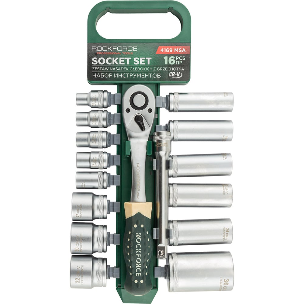 Изображение товара Набор инструментов, головки с ключом трещоточным и удлинителем Rockforce 150мм, набор 16 предметов, 1/2, 6 граней RF-4169 MSA(64138)