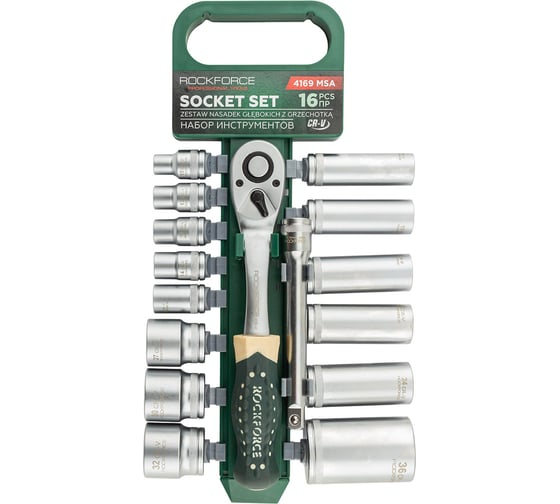 Изображение товара Набор инструментов, головки с ключом трещоточным и удлинителем Rockforce 150мм, набор 16 предметов, 1/2, 6 граней RF-4169 MSA(64138)