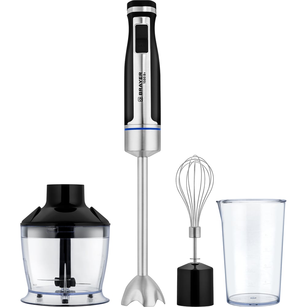 Изображение товара Блендер погружной BRAYER 1268BR 1500Вт, венчик,измельчитель500 мл, стакан600 мл, удлиненный блендер BR1268