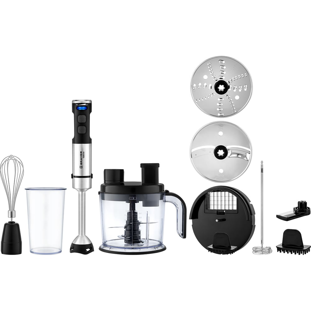 Изображение товара Блендер погружной BRAYER 1269BR 1500 Вт, измельчит 1,5 л, терка,шинков, рез кубик, венч., капуч. BR1269