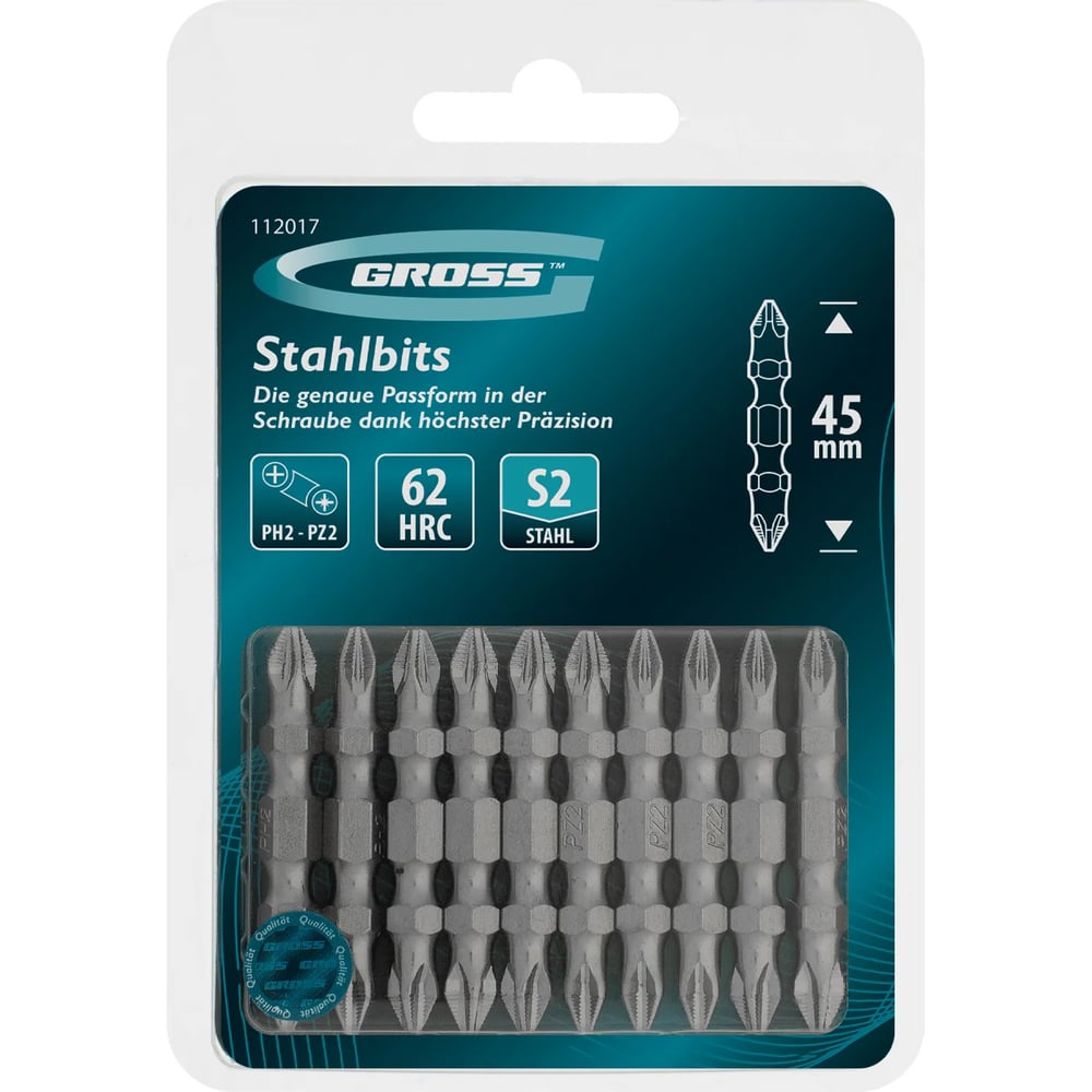 Изображение товара Бита GROSS двухсторонняя, PH2-PZ2, 45мм, сталь S2, 10 шт 112017