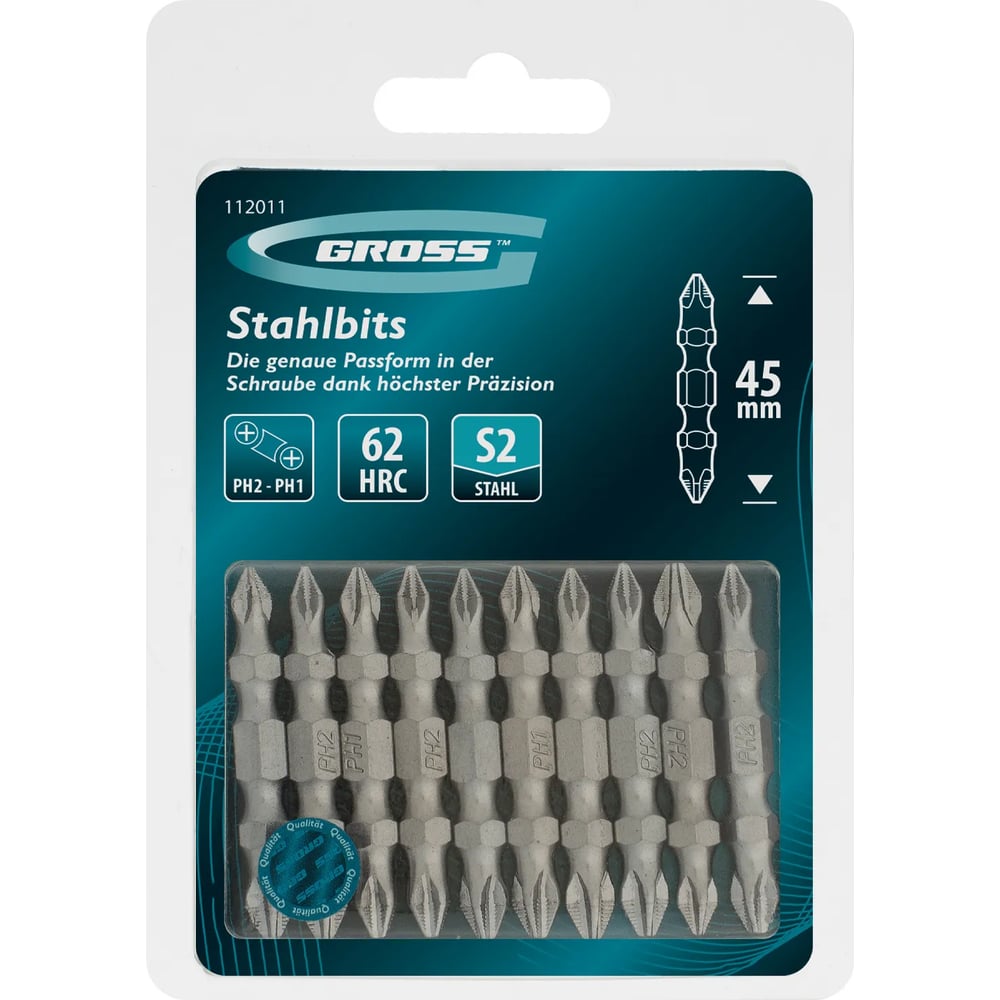 Изображение товара Двухсторонние биты GROSS PH2-PH1 45 мм из стали S2, комплект 10 шт