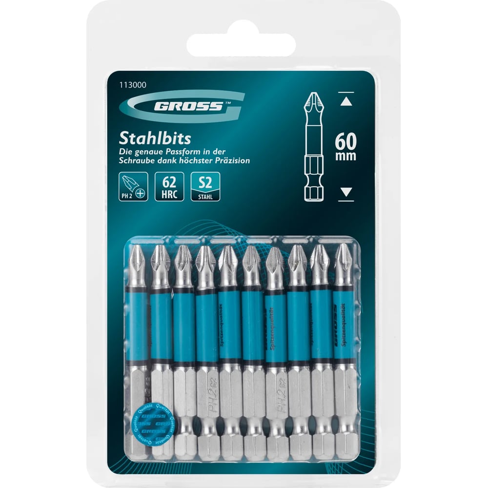 Изображение товара Бита GROSS PH2 60мм комплект 10 шт из стали S2 для шуруповертам