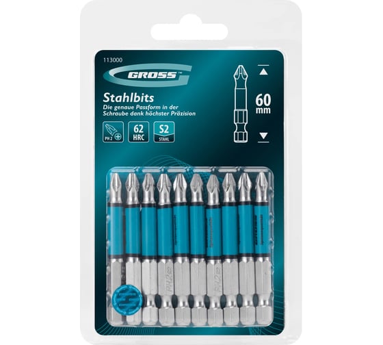 Изображение товара Бита GROSS PH2, 60мм, сталь S2, кругл., 10 шт 113000