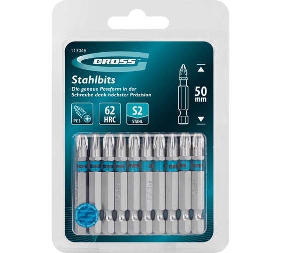 Изображение товара Бита GROSS PZ3, 50мм, сталь S2, шестигр., 10 шт 113046