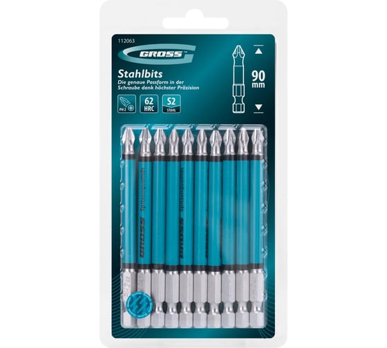 Изображение товара Бита GROSS PH2, 90мм, сталь S2, кругл., 10 шт 112063