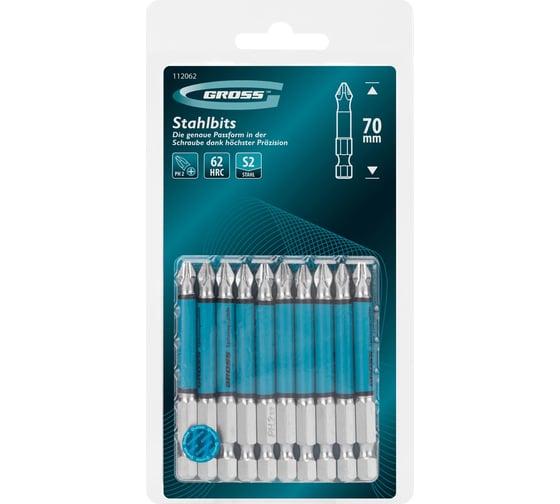 Изображение товара Бита GROSS PH2, 70мм, сталь S2, кругл., 10 шт 112062