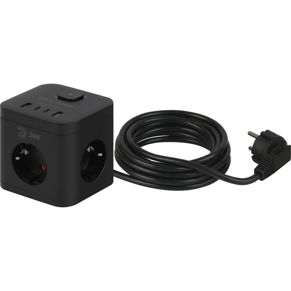 Изображение товара ЭРА CUBE Удлинитель с заземлением USB-C и 3 розетками 1.5м черный