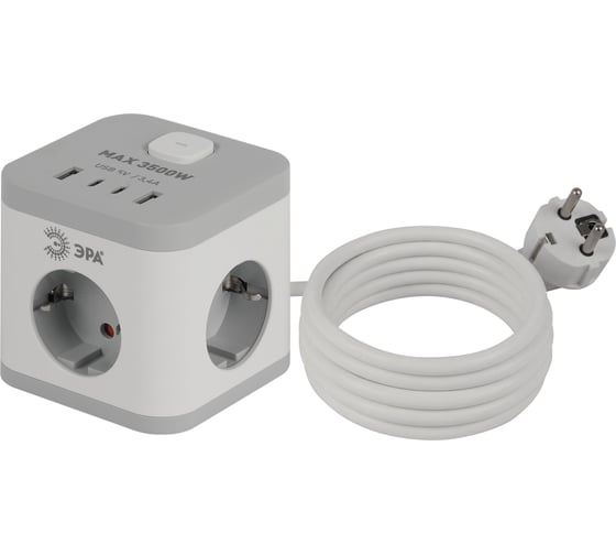 Изображение товара Удлинитель электрический ЭРА CUBE, с заземлением, с выключателем, 3 розетки + 4×USB-A + USB-C, 1.5 м, 16 А, белый CUBE-3es-1.5m-4USB-W Б0069073