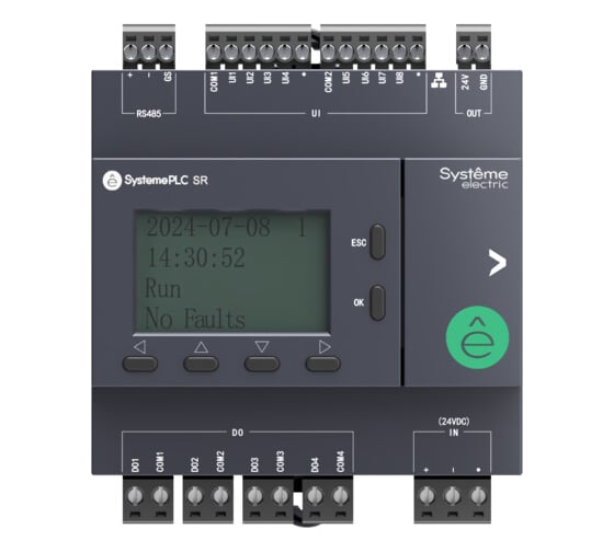 Изображение товара Интеллектуальное реле Systeme Electric SR2 SystemePLC, 24 VDC, дисплей, 8 UI (AI, DI), 4 DO (2 реле, 2 транз.), 1xRS485, 1xRJ45 ZR2PA11BD