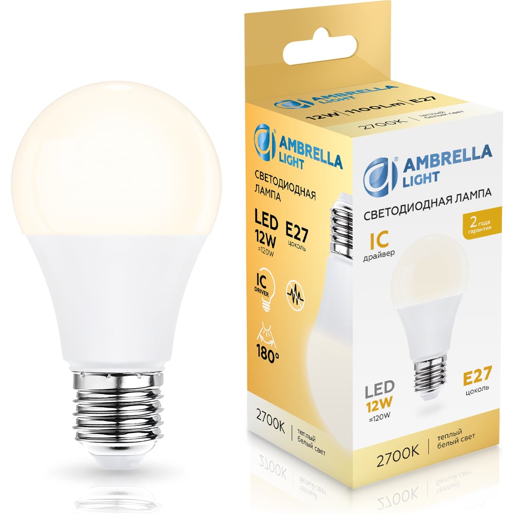 Изображение товара Лампа светодиодная Ambrella Light LED A60 12W IC E27 2700K 175-265V 601203