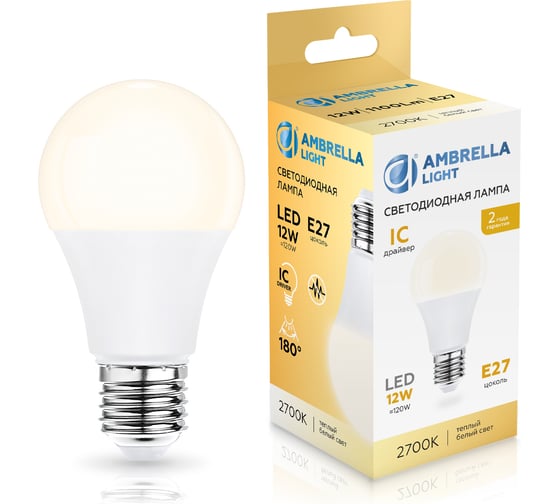 Изображение товара Лампа светодиодная Ambrella Light LED A60 12W IC E27 2700K 175-265V 601203