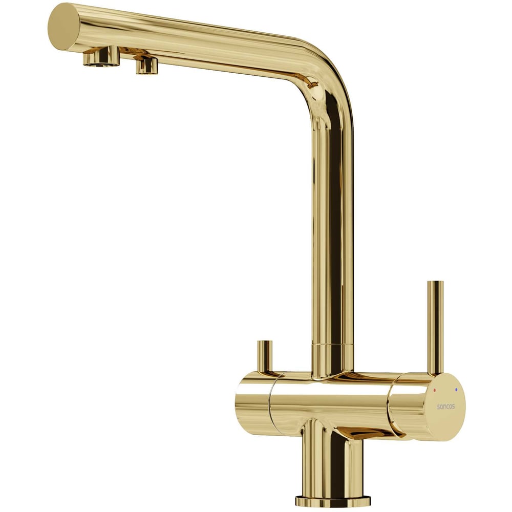 Изображение товара Современный однорычажный смеситель для кухни Sancos Foster золото с подключением фильтра