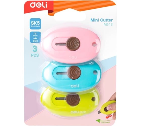 Изображение товара Набор канцелярских ножей DELI лезвие 9 мм, автоматические, 24 блистера по 3 шт. в уп., 3 цвета корпуса, блистер EM513