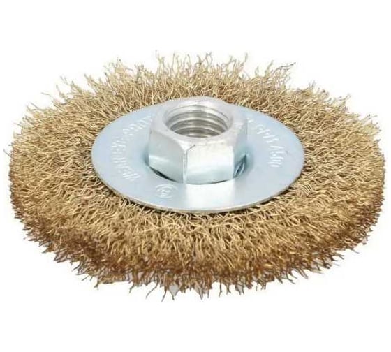 Изображение товара Щетка дисковая для УШМ ОТП D=125 мм, М14, проволока гофрированная, латунированная сталь 0.3 мм 01 01 15 03 01 02 03 04 01