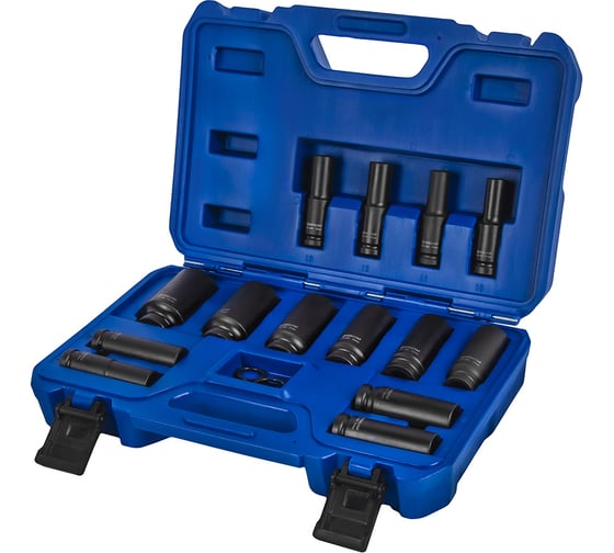 Изображение товара Набор головок торцевых ударных глубоких КОБАЛЬТ 1/2, 18 предметов: головки 14 шт. (10 - 32 мм), 2 кольца, 2 штифта, CR-MO, кейс 917-124