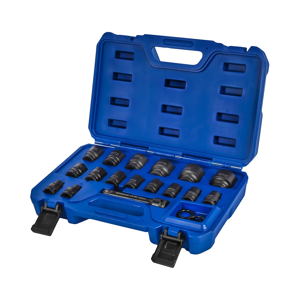 Изображение товара Набор головок торцевых ударных КОБАЛЬТ 1/2, 21 предмет: головки 16 шт. (10 - 32 мм), удл-ль, 2 кольца, 2 штифта, CR-MO, кейс 917-131