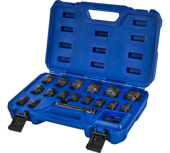 Изображение товара Набор головок торцевых ударных 1/2, 21 ПРЕДМЕТ: головки 16 шт. (10 - 32 мм), удл-ль, 2 кольца, 2 штифта, CR-MO, кейс КОБАЛЬТ 917-131