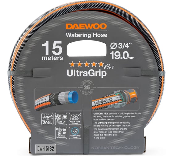 Изображение товара Шланг поливочный армированный DAEWOO UltraGrip Plus, 3/4" (19 мм), 15 м DWH 5132