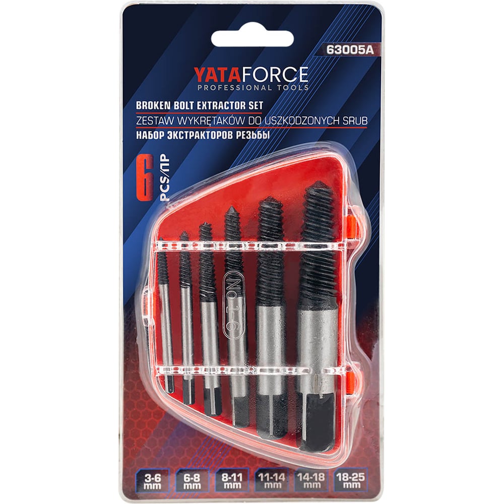 Изображение товара Набор экстракторов резьбы YATAFORCE 6пр.(М3-М25; Ø:3-6мм, 6-8мм, 8-11мм, 11-14мм, 14-18мм, 18-25мм; мелкий шаг), в пластиковом футляре YF-63005A(65788)