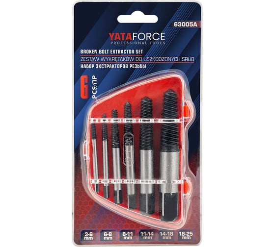 Изображение товара Набор экстракторов резьбы YATAFORCE 6пр.(М3-М25; Ø:3-6мм, 6-8мм, 8-11мм, 11-14мм, 14-18мм, 18-25мм; мелкий шаг), в пластиковом футляре YF-63005A(65788)