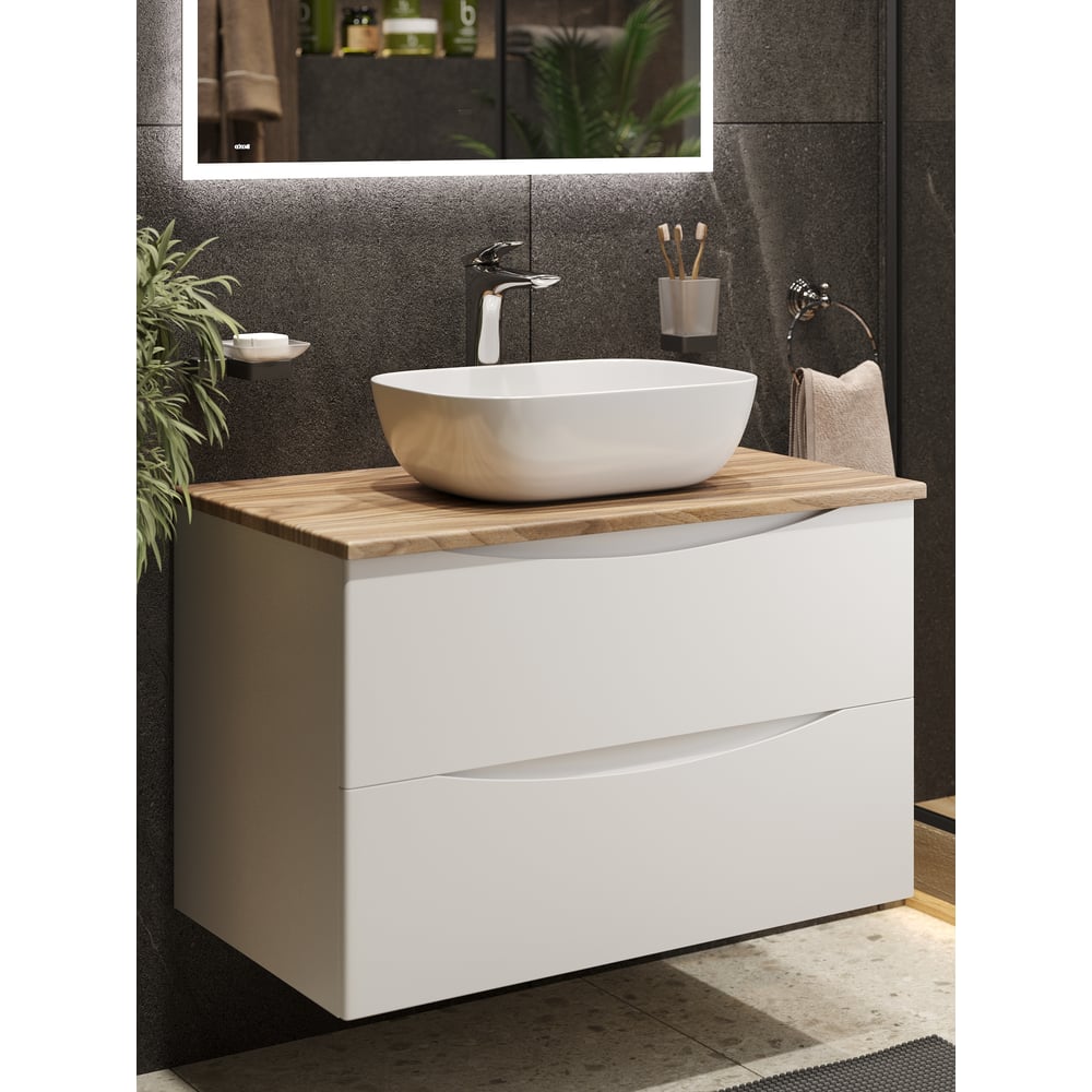 Изображение товара Подвесная тумба с раковиной BOND Cube белая со столешницей под дерево