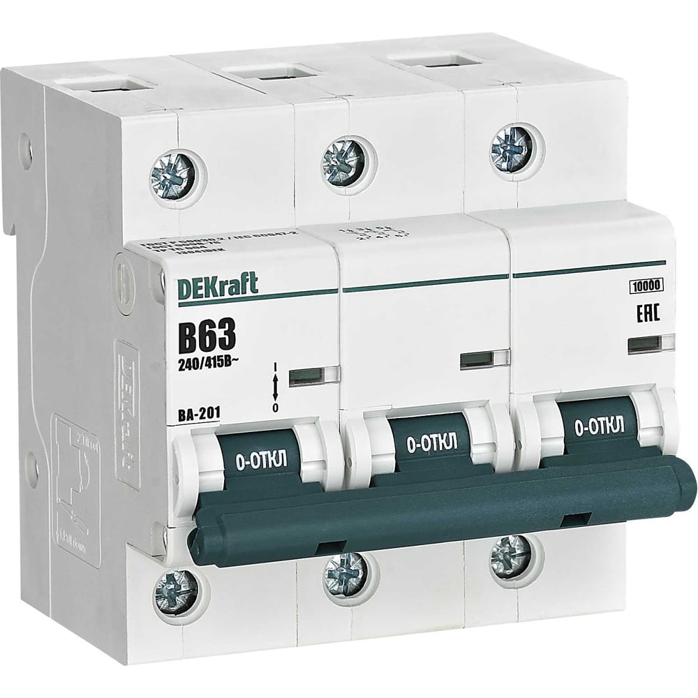 Изображение товара Автоматический выключатель Dekraft ВА-201 3P 63A тип B 10кА модульный