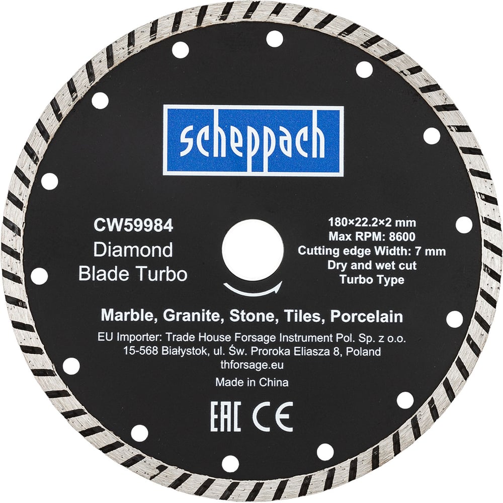 Изображение товара Отрезной алмазный круг Scheppach 180х22.2х2 мм турбо Sch-CW59984