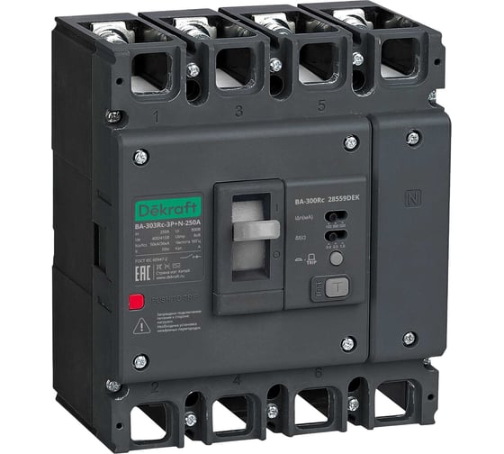 Изображение товара Силовой автоматический выключатель ВА-303Rc Inst, 3 P+N, 125 А, 50 кА, 100/300/500 мА в литом корпусе Dekraft 28551DEK