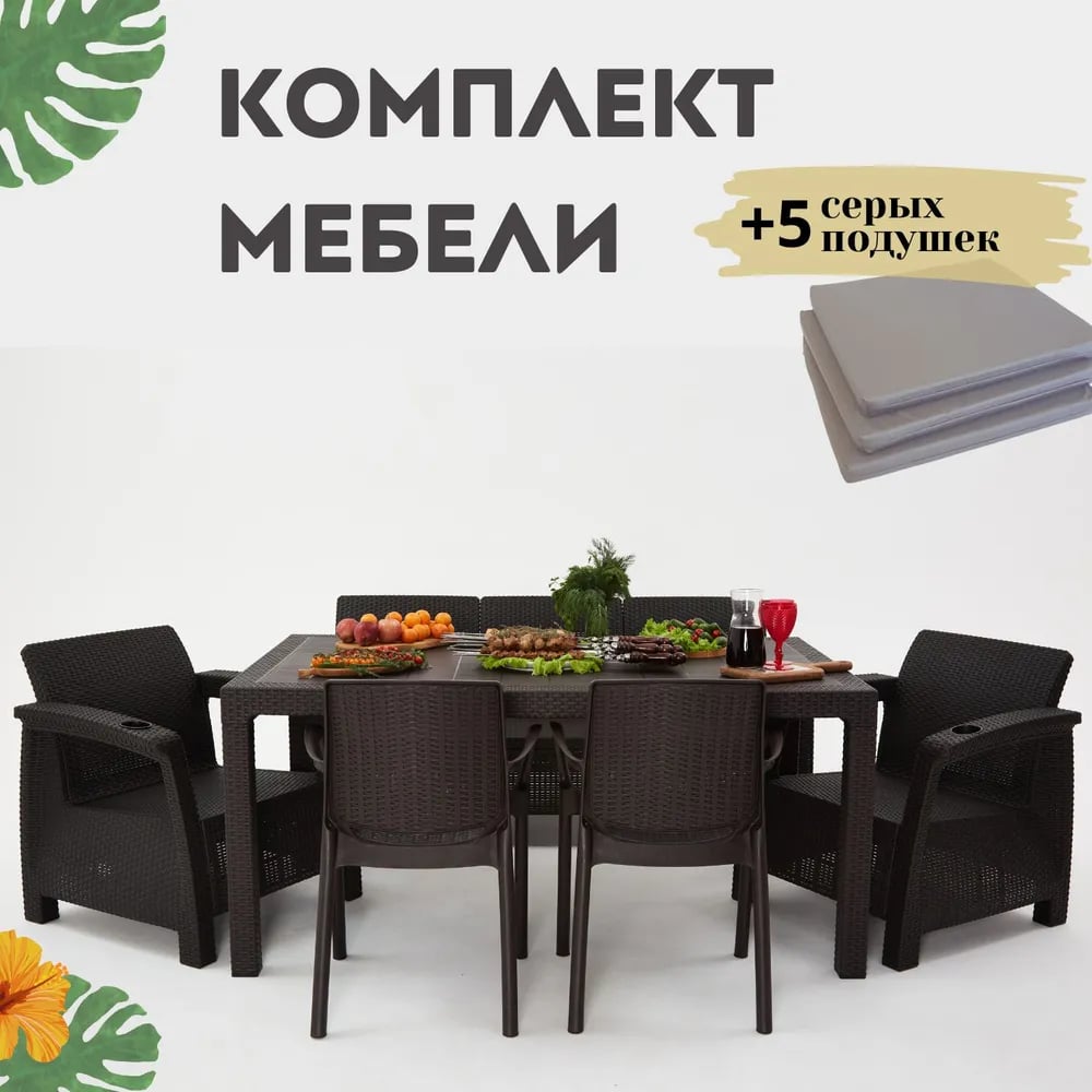 Изображение товара Комплект садовой мебели WORKY HomlyGreen 3+1+1+2стула+обеденный стол 153х79, с комплектом серых подушек ARD259342